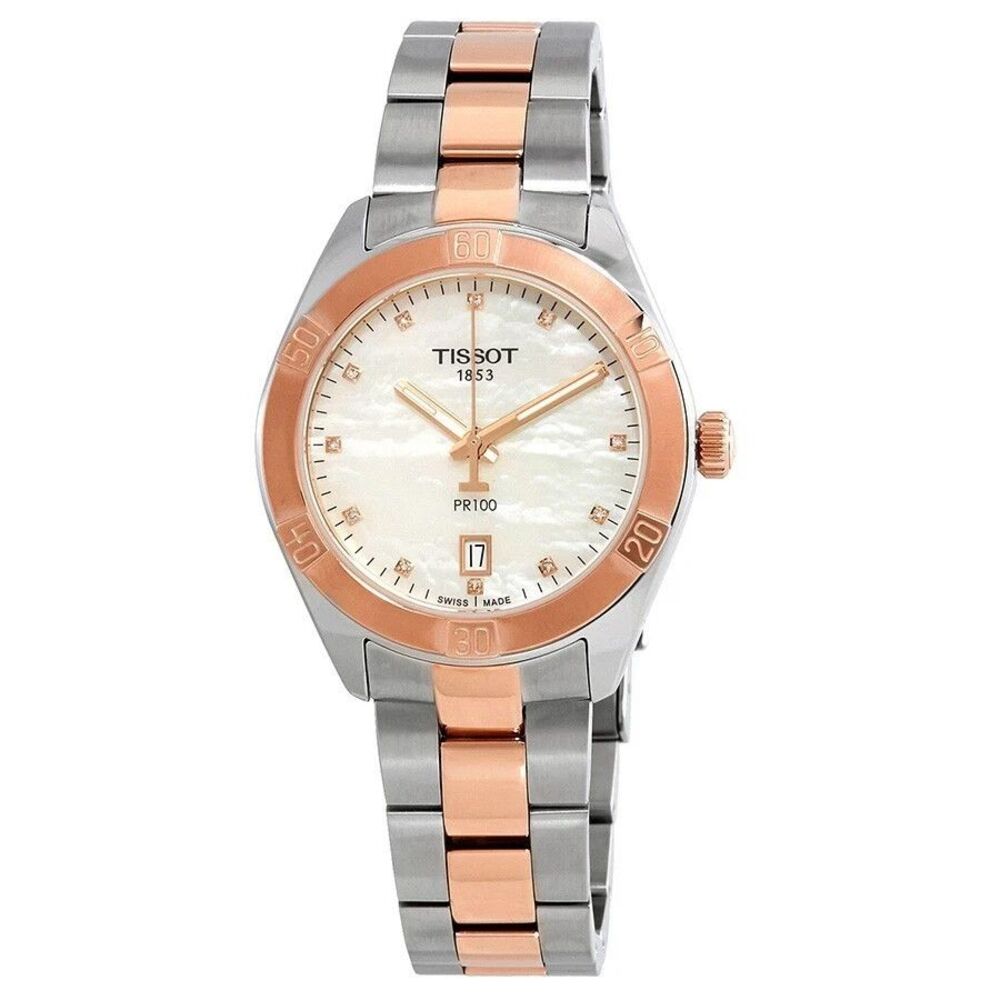Tissot PR100 Diamond 36mm Two Tone MOP Dial Womens Watch Swiss Quartz